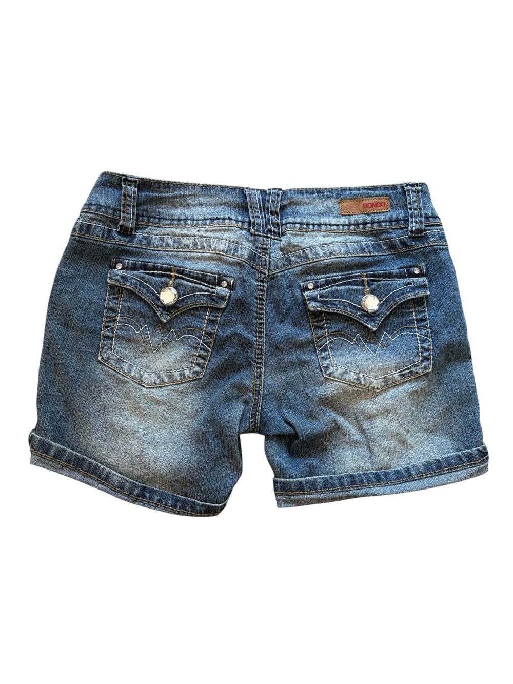 BONGO Y2K Low Rise Denim Shorts Size 9 Rhinestone Flap Pocket Embroidered EUC
